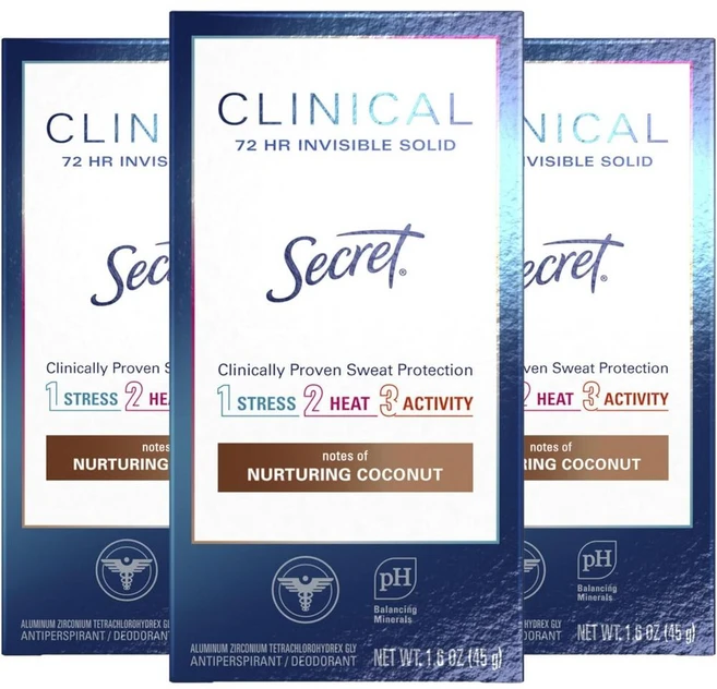 Secret 시크릿 클리니컬 스트렝스 앤 우먼 데오드란트 인비저블 솔리드 클린 코코넛, 3개, 45g - 쿠팡