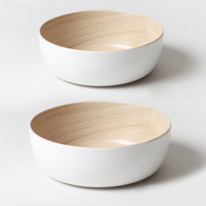 ZICCO 지코 멜라민 화이트+우드 투톤 원형 볼 대형 2종 택-1 뷔페 파티그릇 탕기 대접, 1개, 화이트+우드 대형1(M2478)