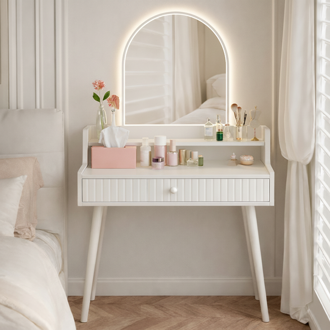소프트엣지 아치형 거울 LED 템바보드 화장대, 화이트 60cm