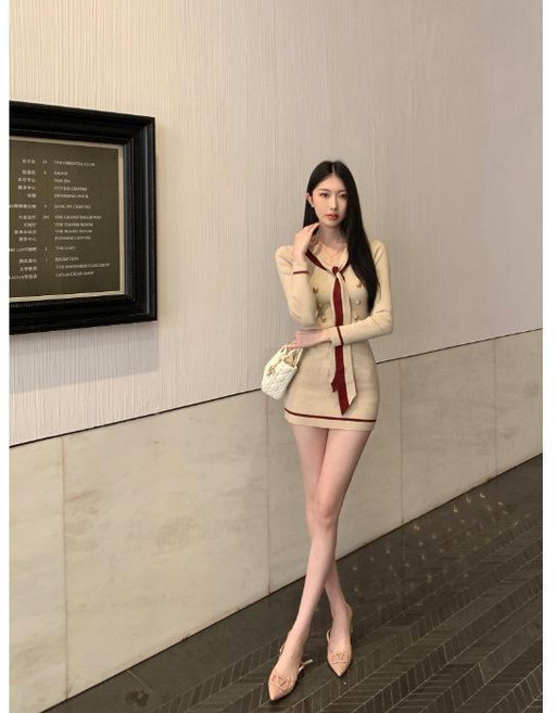 飄帶連衣裙 收腰顯瘦 包臀短裙, 杏色