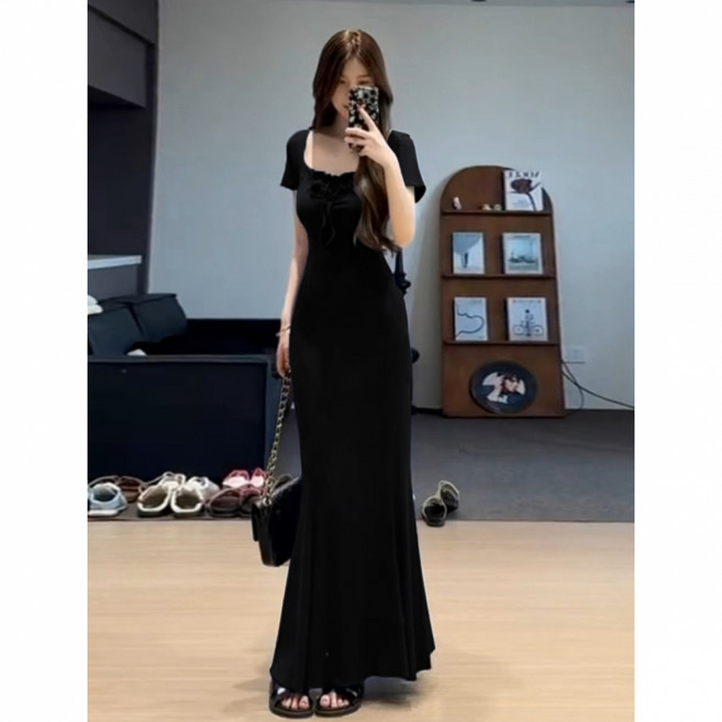 해피유통 블루 랩 원피스 허리 조임 날씬해 보이는 스퀘어넥 셔링 스트링 반팔 머메이드 롱스커트 BJJ001