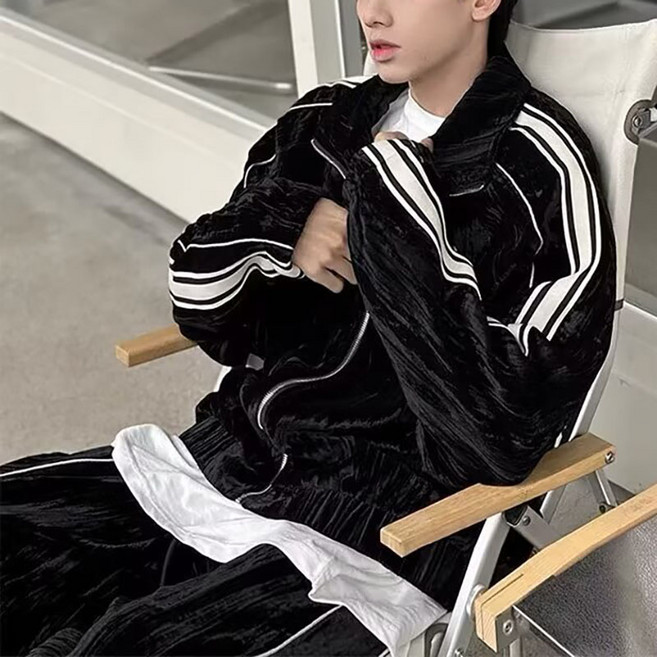 골드벨벳 스트라이프 커플 트레이닝 세트가을 겨울 집업 추천 남녀공용 캐주얼 츄리닝복 XINNIX