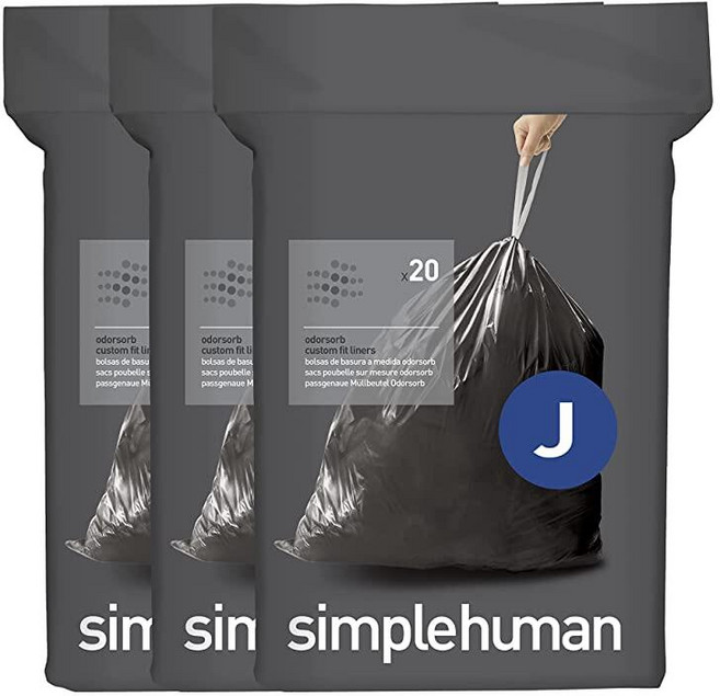 Simplehuman Code J 60개 정품 Odorsorb 맞춤형 핏 라이너 디스펜서 팩의 드로스트링 냄새 흡수 쓰레기 봉투 30-45리터 / 8-12갤런 174586, Simplehuman Code J 60개, 정품 Odo