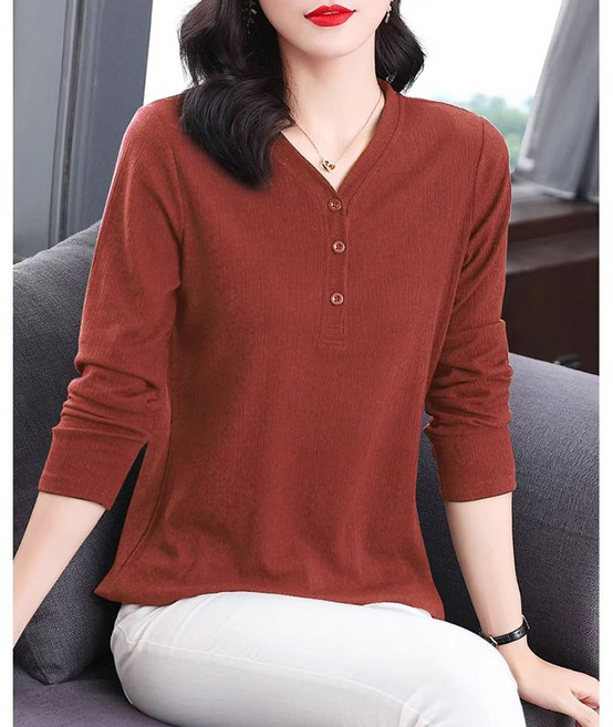 중년 여성 긴팔 티셔츠 캐주얼 봄 가을 풀오버 상의 레깅스 루즈핏 엄마 긴팔티 기질 심플 브이넥 티셔츠 WXY