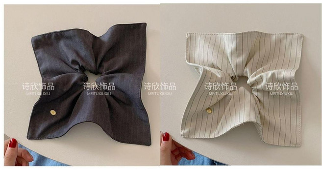 詩欣飾品 韓系布藝條紋方巾大腸髮圈, 深灰+米色, 1個