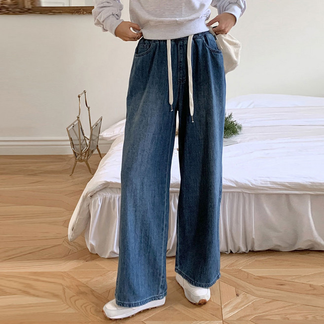 루나진 여성용 원마일 밴딩 와이드 청바지 통데님 팬츠