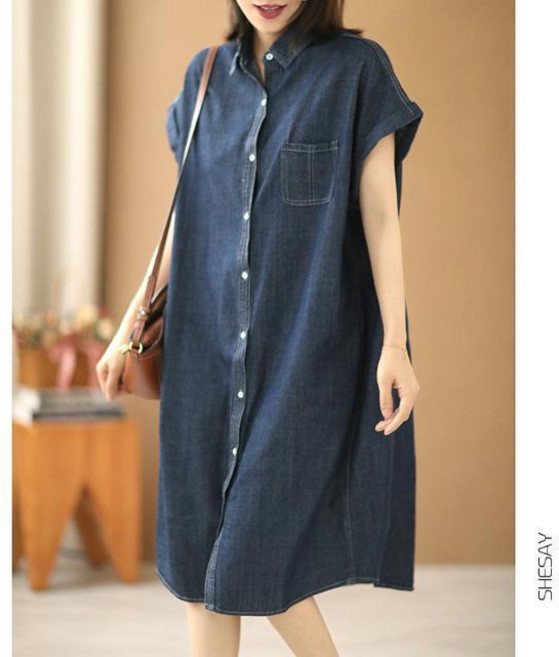 大碼女裝牛仔連衣裙 夏季短袖襯衫裙, L 【50.0-67.5公斤】