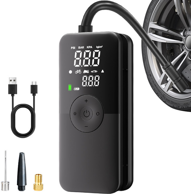 BaoTai 휴대용 타이어 공기압 주입기 무선 에어펌프 자동차 자전거 바람 주입기, 블랙, 1세트