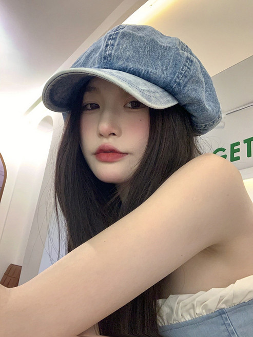 오버사이즈 데님 베레모 여 빈티지 팔각모 여름 빅헤드 블루 화가 모자 얼굴 작은 구름 모자