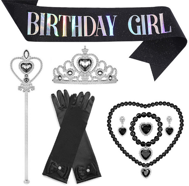 [청춘교복] 공주세트 생일 8종 어깨띠 축하 파티 코스프레 연말 선물 소품 프린세스 코스튬 주얼리 왕관 요술봉 목걸이 액세사리, 1개, 블랙-벌스데이걸