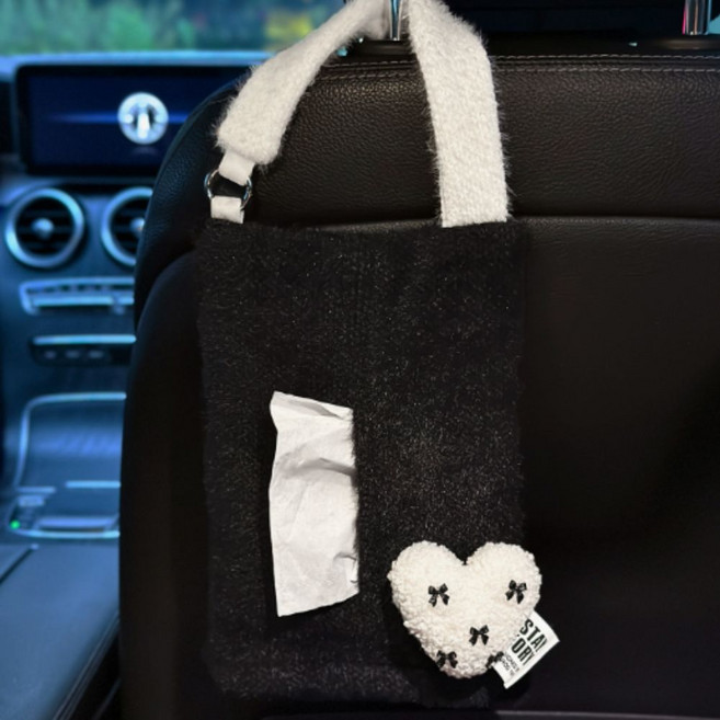 티쯔 차량용 뽀송 하트 티슈 케이스 암레스트 헤드레스트 화장지 캠핑용 휴지걸이, 블랙, 1개