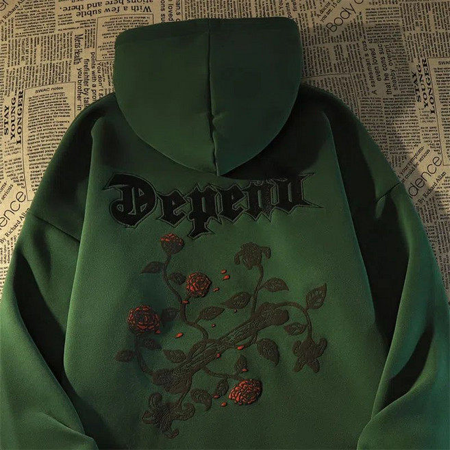 남녀공용 오버핏 로즈 프린트 후드 맨투맨 베이직 도툼한 긴팔 티 후드티 데일리룩 커플룩