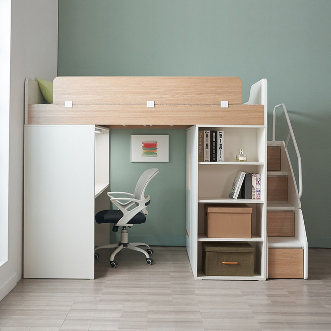 [매트업그레이드행사][에보니아] 폴라 슈퍼싱글 책상수납 벙커이층침대 풀세트 (매트 옵션선택), 2_매트제외_계단형_안전가드(B화이트)