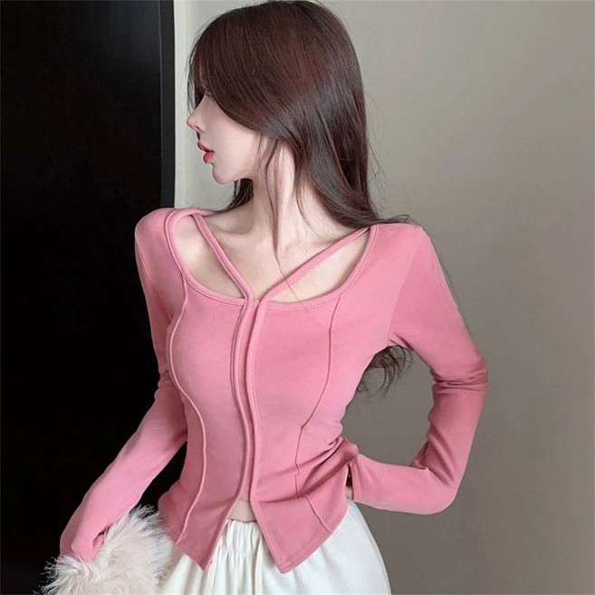 TKX 여성용 가을 봄 긴팔 티셔츠 섹시 상의 슬림핏 독특한 디자인 캐주얼 패션 KL69