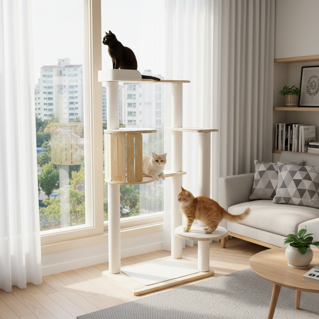 더따슴 튼튼한 대형 원목 캣타워 CT02 고양이 숨숨집 캣콘도, 크림, 1개
