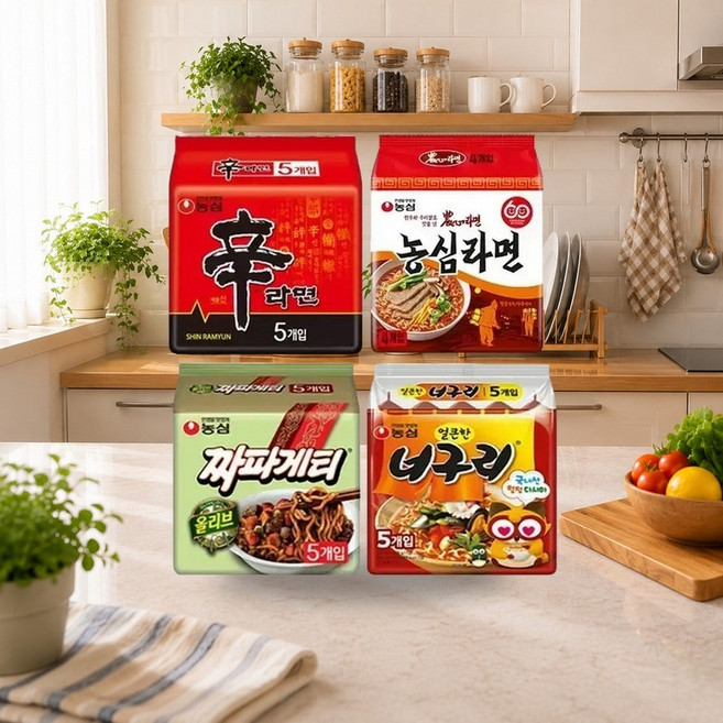 농심 농심라면 124g 4입 1개 + 신라면 120g+얼큰한 너구리 120g+짜파게티 120g 각 5개 (총 19개), 19개, 실온보관