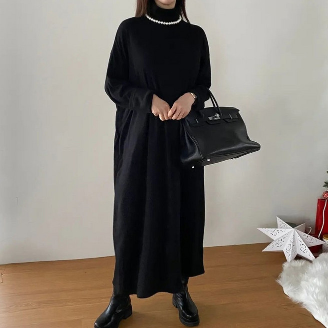 빅걸스토리 빅사이즈 여성 기모 스판 겨울 폴라 롱 원피스