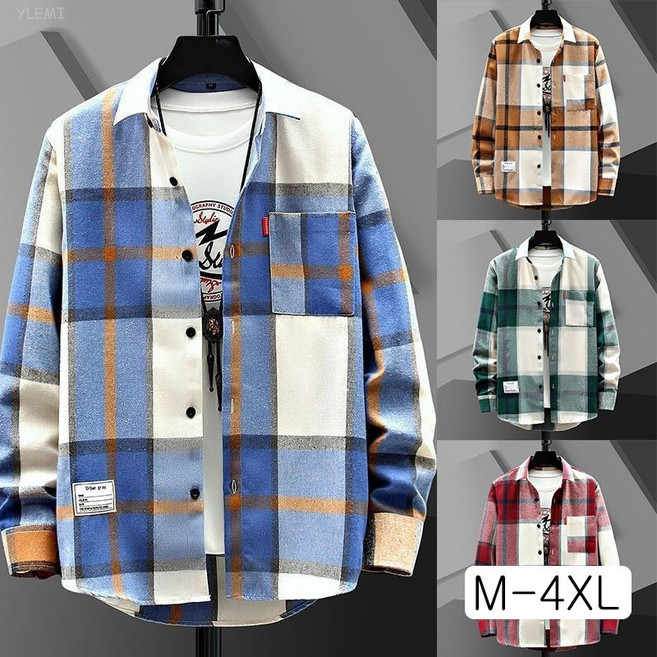 YLEMI 봄 가을 캐쥬얼 빅사이즈 체크 셔츠 남성용 루즈핏 편한 아가일체크 셔츠