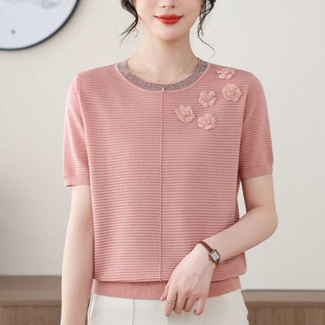 2025년 여름 중년 여성용 꽃무늬 니트 반팔 티셔츠