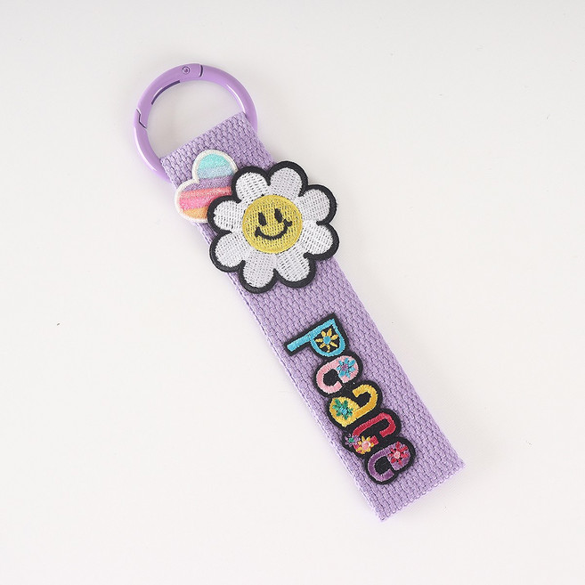 완제품 와펜 스트랩 키링 단체 선물 가방 꾸미기 귀여운 디자인 왕고리, 1개, 꽃스마일 퍼플