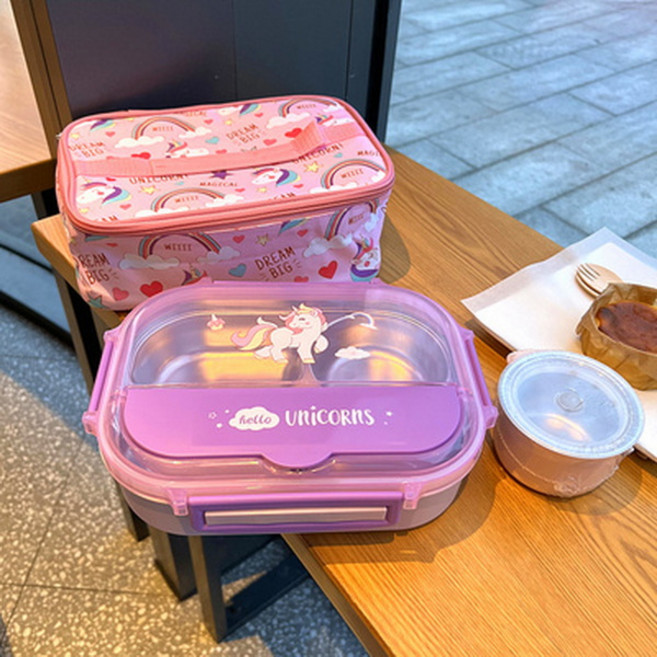 귀여운 캐릭터 스텐 보온 런치박스 도시락통+Integrated International Trade Co. Ltd 머리핀, 유니콘+가방, 1개
