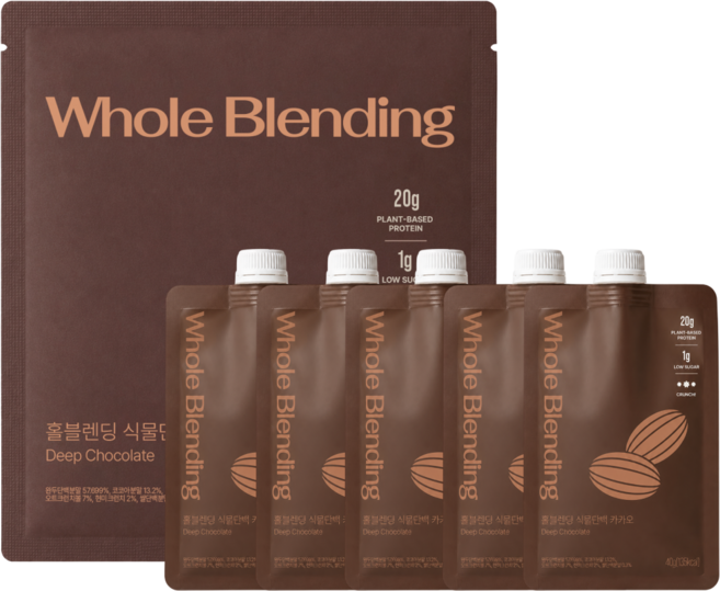 홀블렌딩 식물단백 파우치 카카오 단백질 쉐이크 (완두콩 무첨가제 단백질), 5개, 40g