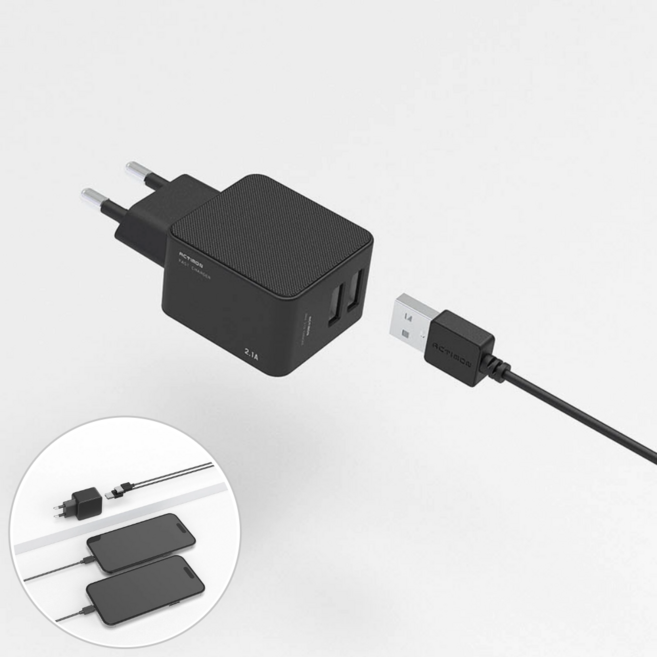 엑티몬 C타입 충전기 5V 2.1A 가정용 저속 어댑터 USB 2구 케이블 아이폰 갤럭시, 블랙, 1개