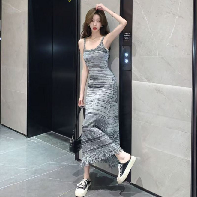 COSYEVNO 여성 봄가을 슬림 니트 원피스 끈 나시 롱 드 수술 LFHzzddq-6