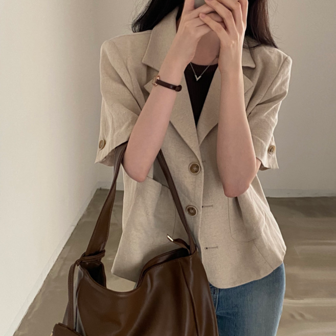 루스리더 여성용 면마 정장 반팔 숏자켓 블레이저 V316