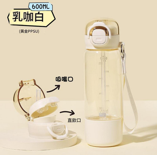 PPSU雙飲吸管水杯, 奶咖白600ml, 1套, 600L