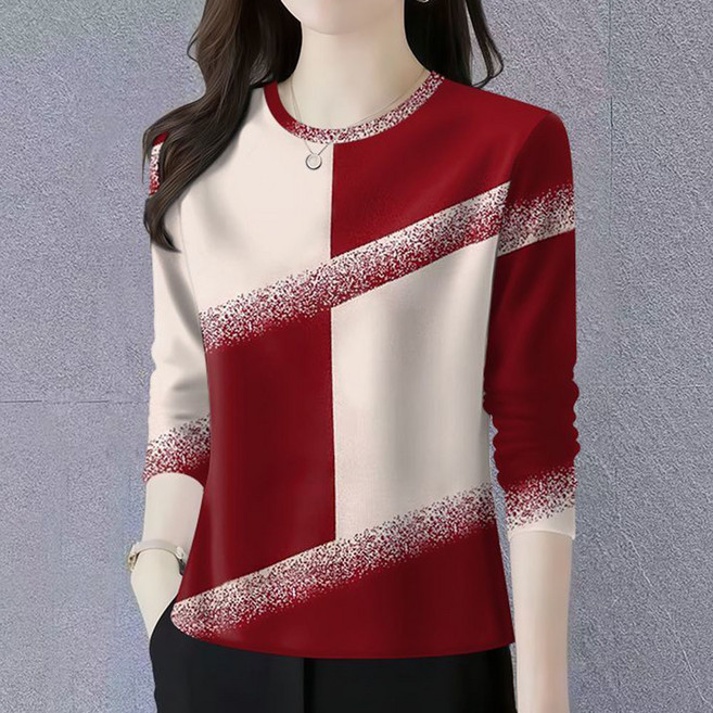 중년 여성 긴팔 티셔츠 봄 가을 풀오버 긴팔티 루즈핏 패치워크 라운드넥 상의 RSH