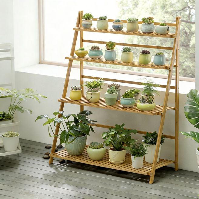 쿠리브 원목색 화분받침대 화분 정리대 다용도 수납선반, 4단, 원목 100cm