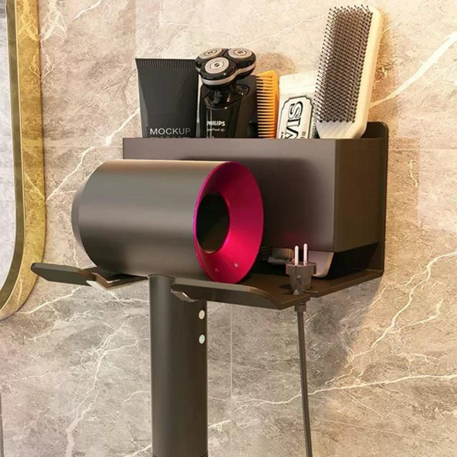 다이슨용 알루미늄 헤어 드라이어 거치대 크래들 스트레이트너 스탠드 벽 선반 욕실 정리함, Black, 1개