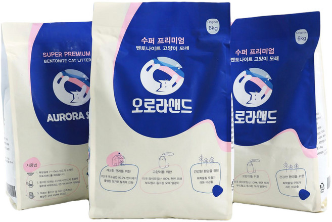 오로라샌드 오리지널 블루 고양이 벤토나이트, 6kg, 3개, 무향