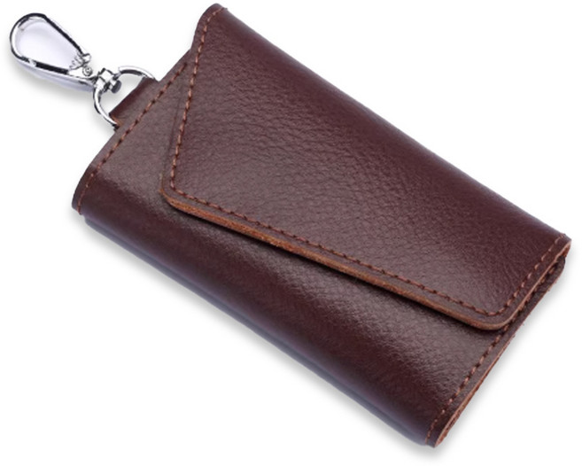 皮革鑰匙包 6鑰匙掛鉤 1鑰匙圈 3夾層, 荔枝紋-深棕色, 1個
