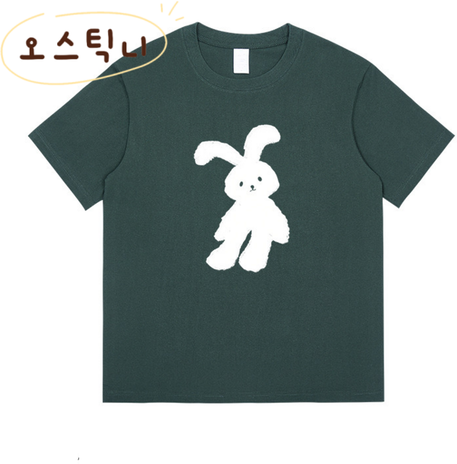 오스틱니 여름 초특가 남녀공용 반팔티 커플 티셔츠 라운드넥 반팔티셔츠 230G 순면 토끼 프린트 반팔 티셔츠