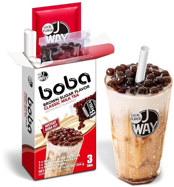 J WAY LOCAL FLAVOR 인스턴트 보바 버블 펄 타로 밀크 티 키트 정통 갈색 설탕 타피오카 포함 1분 이내 준비 가능 종이 빨대 3인분, Classic Milk Tea with Brown Su, 1개