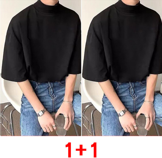 1+1 남성용 반폴라 반팔티 봄 여름 솔리드 시크 티셔츠 루즈핏 터틀넥 상의 남녀 얇은 이너 티 WMY