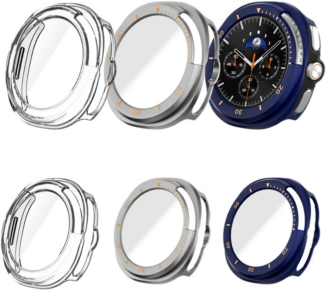 [젤센] 갤럭시워치8 클래식 전용 풀커버 일체형 9H 강화유리 케이스 3개 세트, 스포티/티타늄+네이비+투명