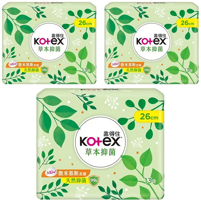 Kotex 靠得住 草本抑菌衛生棉, 日用量多型 26cm, 13片, 3包