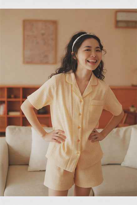 커플 여름 잠옷 세트 순면 이중거즈 반팔 반바지 통기성 편안한 홈웨어