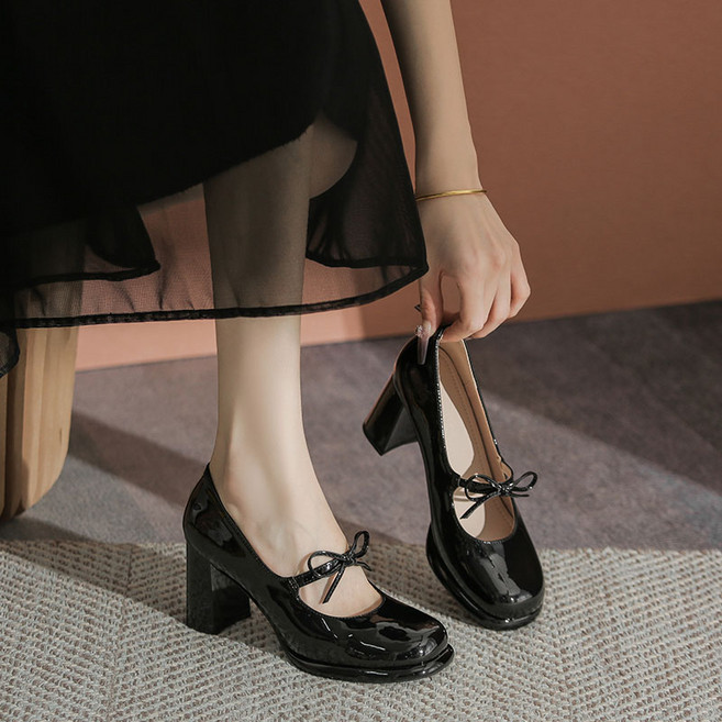 ANYOU 여성 로퍼 구두 나비리본 메리제인 슈즈 클래식 베이직 하이힐 7cm