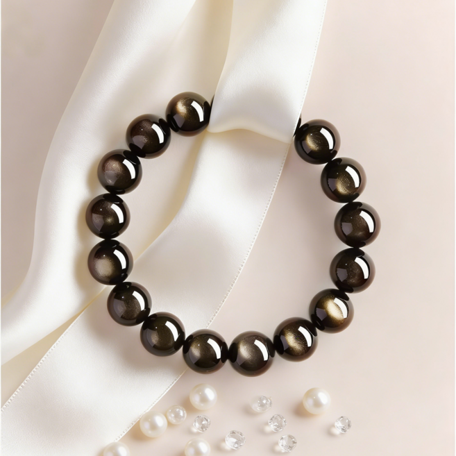 PolarAbyss 골든 흑요석 팔찌 고급 천연 보석 재물운 부의 풍요 남녀공용 선물