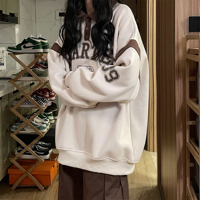 美式復古大學T 翻領POLO長袖上衣