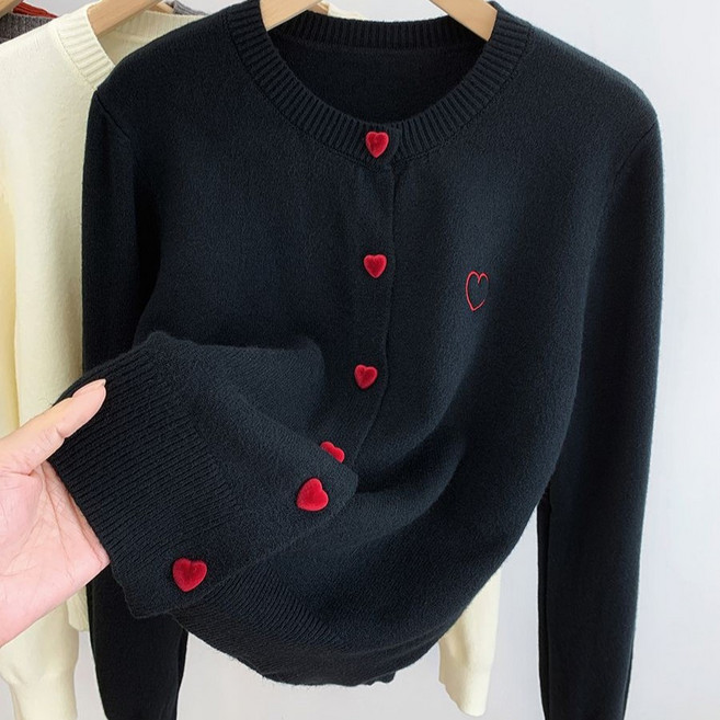 하모리 귀여운 하트버튼 따뜻하고 부드러운 라운드넥 긴팔 니트 가디건