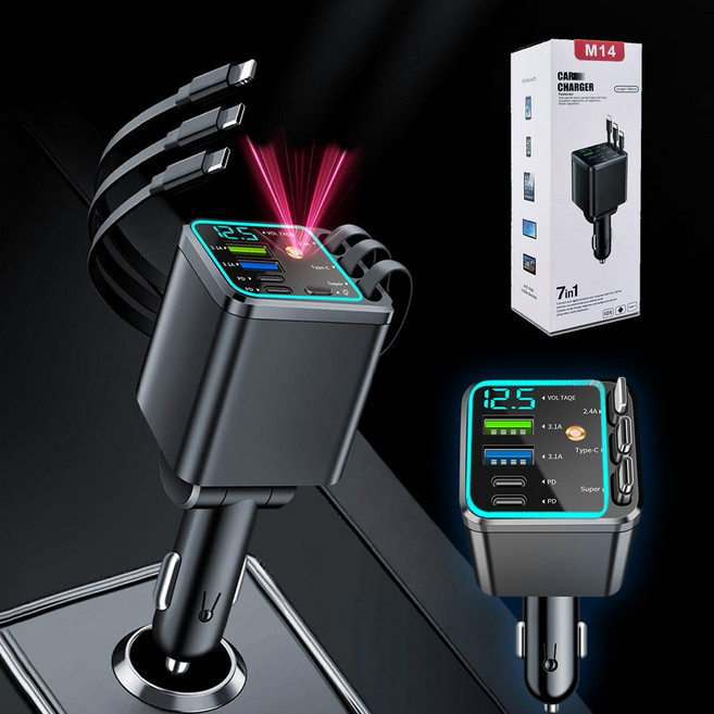 SASAKO 초고속 차량용 7포트 시거잭 충전기 삼성전자 갤럭시 LG iPhone 용 차량용 충전 어댑터, 블랙(무드등+별빛 천장), C타입2줄+사과8핀