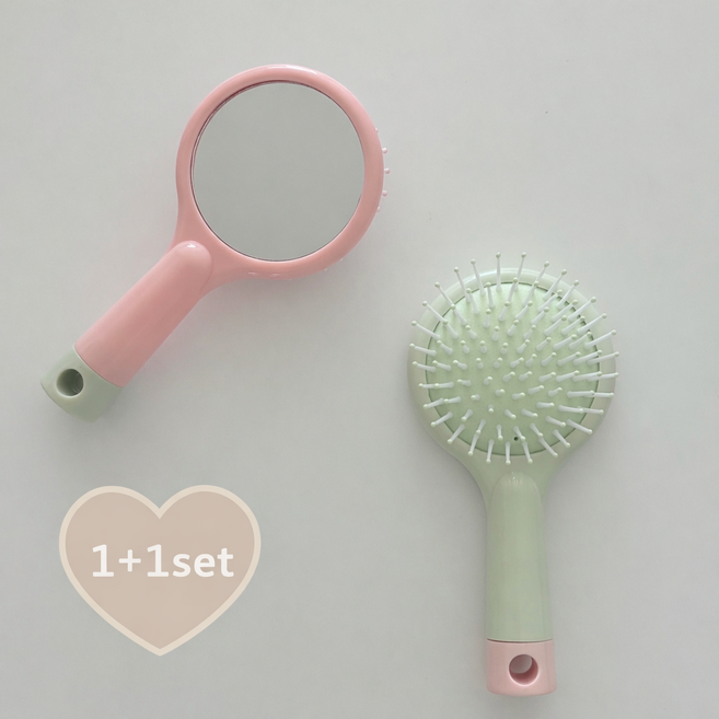 빗 거울 미니 1+1 손거울 휴대용 헤어 브러쉬, 1개, 핑크,민트
