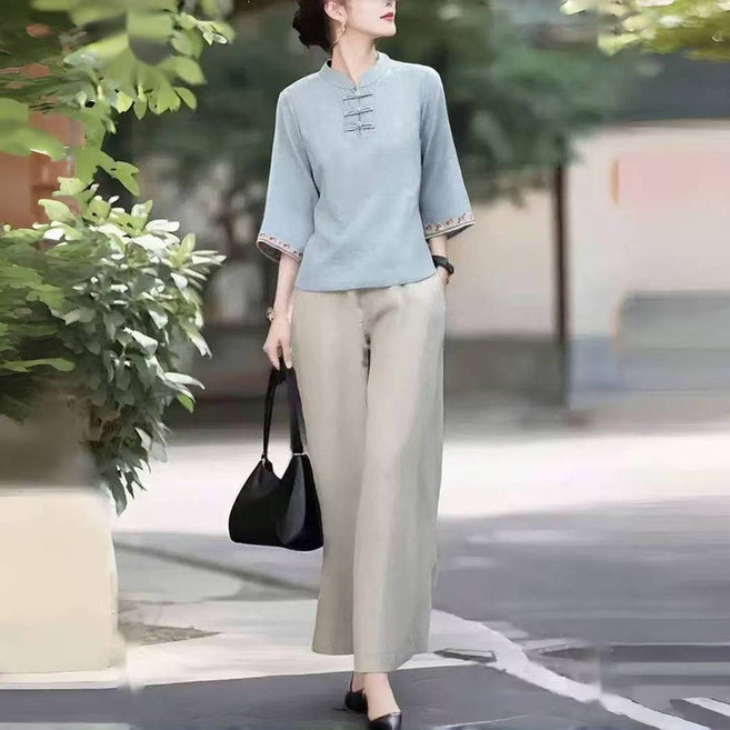 新中式阿嫲裝套裝春夏時尚休閒運動兩件套新款套裝上衣褲子女
