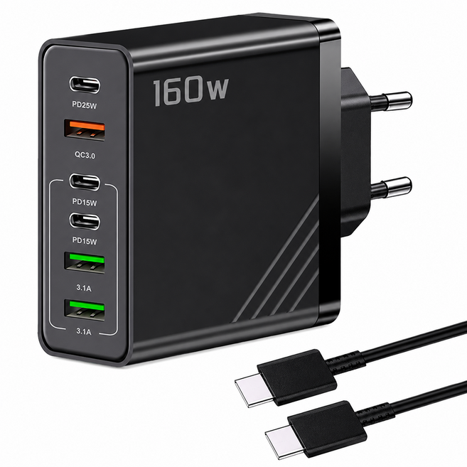 6in1 c타입 고속 충전기 160W 2TYPE-C+2USB+PD+QC+ C TO C 1M 100w 케이블 세트, 1세트, 흰색