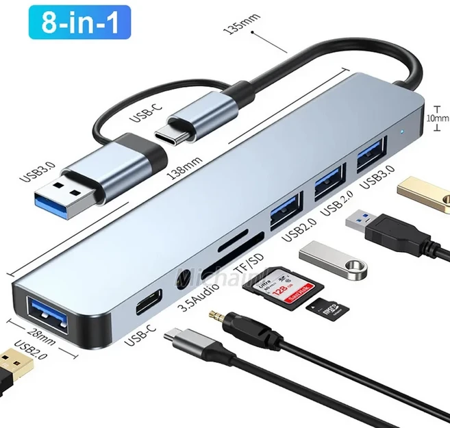 USB C 허브 유형 분배기-HDMI 4K Thunderbolt 3 도킹 스테이션 노트북 어댑터 Macbook Air M1 iPad Pro 용, 05 8-IN-2